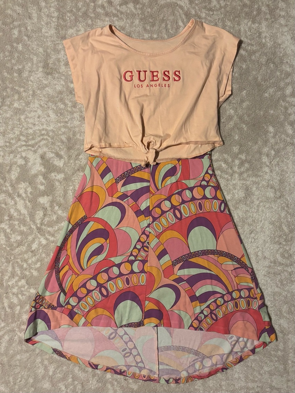 GUESS - peach & colorful retro style pattern design dress and crop tee kids set